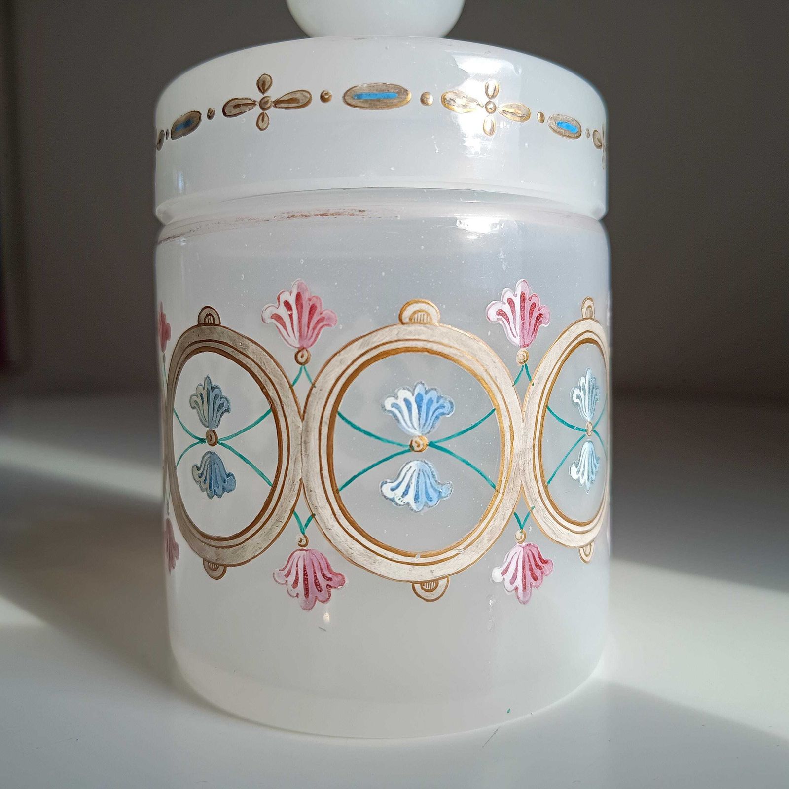 photo furniture Antique Opaline Glass Cookies Jar: Hand Enamelled, Late Biedermeier, Romantic Revival, 1860s