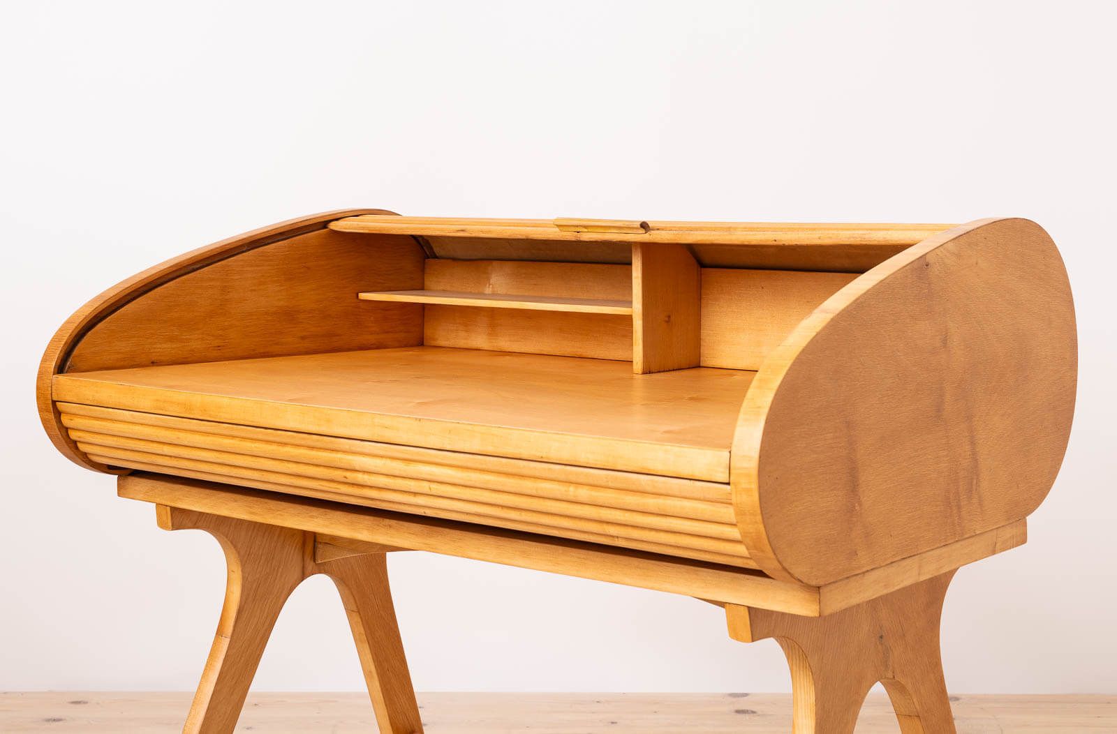 Rare Mid Century Modern Desk With Roll Top, Maple Veneer, 1950s, Fully Restored photo 6100.0