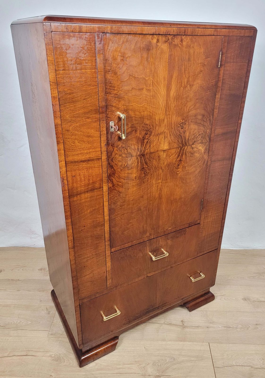 Vintage Walnut Tall Boy Art Deco Mid Century Lock And Key Delivery Available photo Furniture
