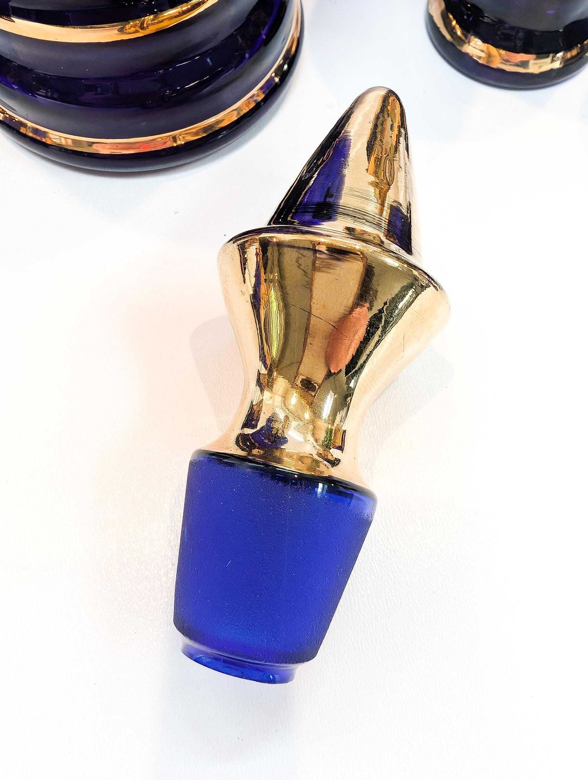 Murano Mid Century Cobalt Blue Glass Decanter And Six Liqueur/Shot Glasses. All Pieces Feature 24 Karat Gold Decoration And Hand Painted. photo buy