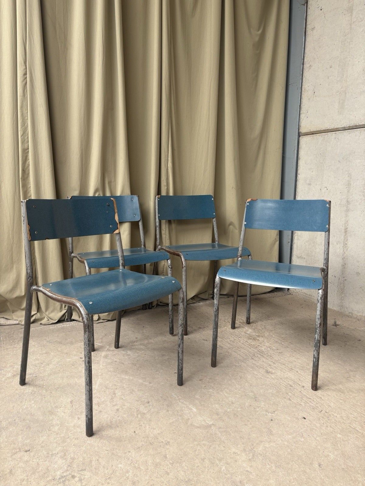 Vtg Mid Century Industrial Metal Set Of 4 Stacking Dining Chairs Retro R1197 photo furniture
