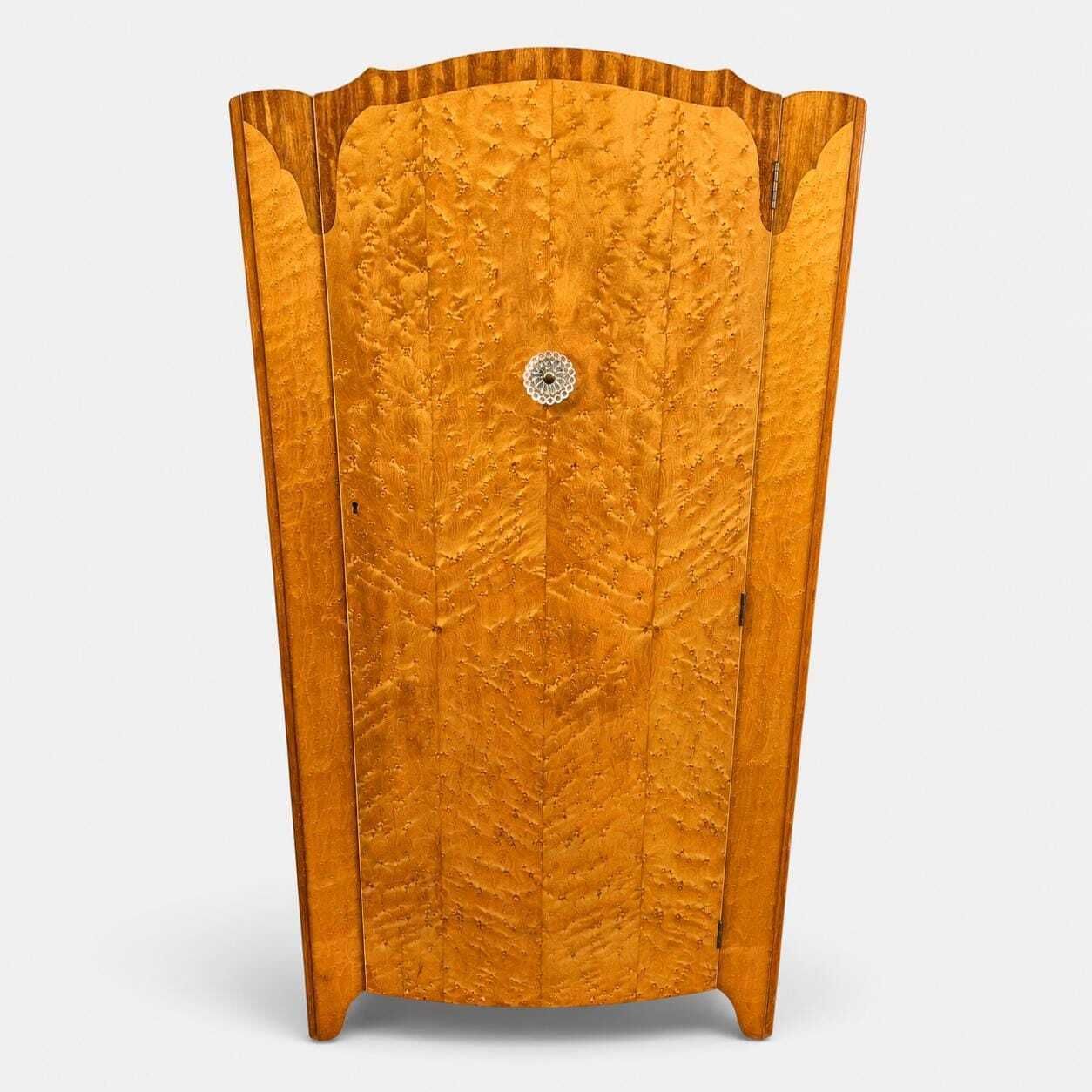 Rare Harris Lebus Burr Walnut Wardrobe, Art Deco Vintage Bedroom Cupboard, Lockable Single Wardrobe With Glass Handle photo furniture