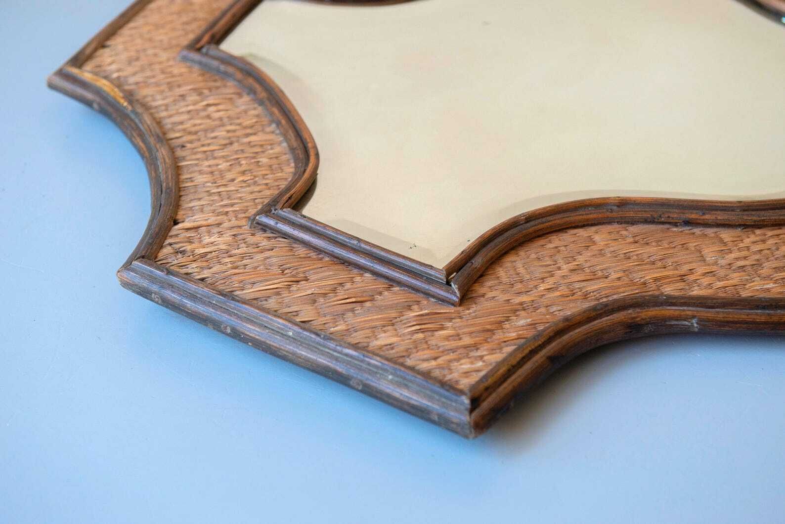 photo buy Vintage Shield Mirror Large Rattan Wicker Frame Beveled Glass Coastal Wall Decor