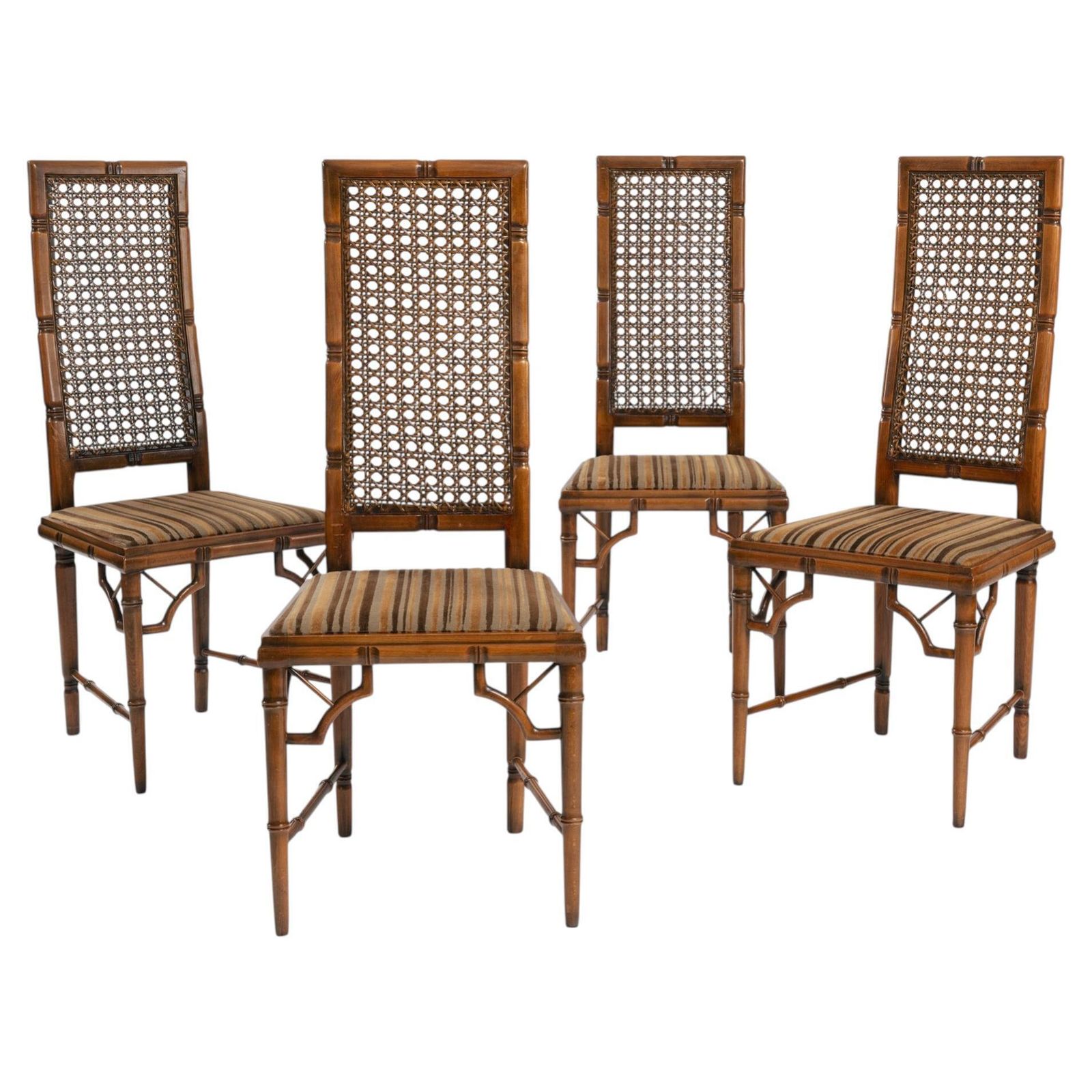 4 Faux Bamboo Chinoisery Highback Dining Chairs With Cane Webbing, 1970s
