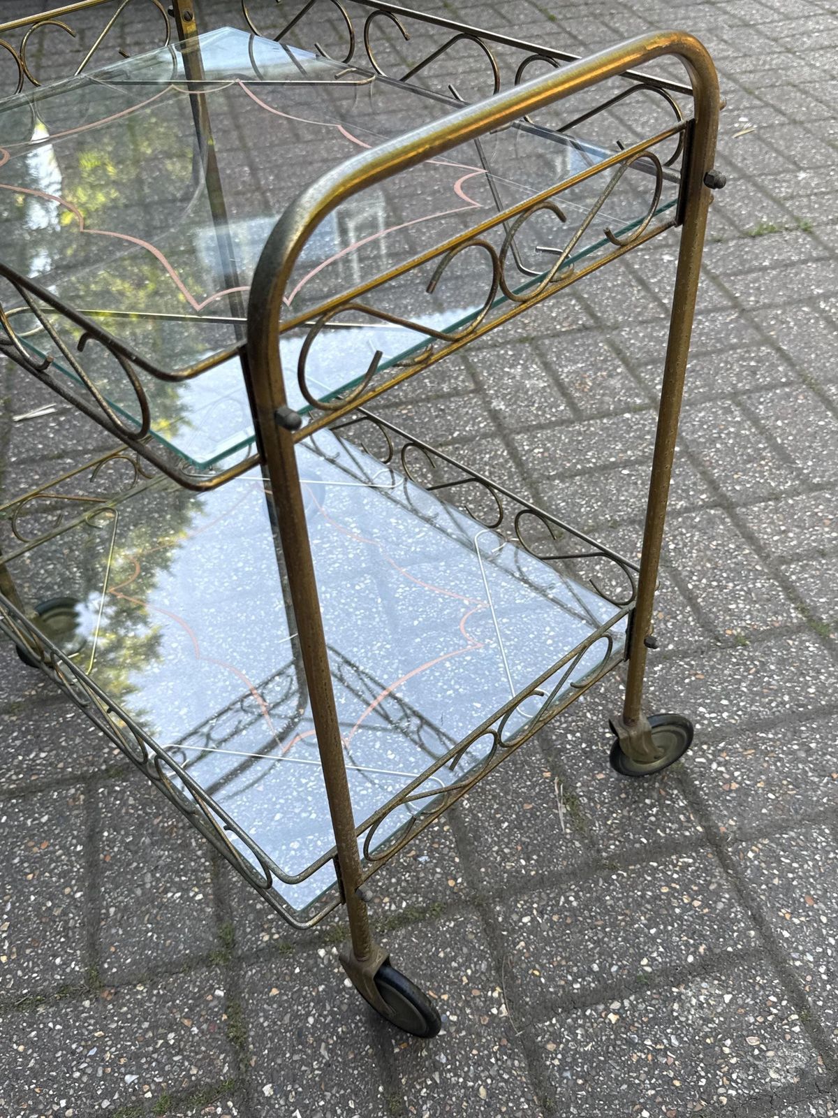 Small Vintage Brass And Glass Drinks Trolley Mid Century Bar Cart On Casters photo Furniture