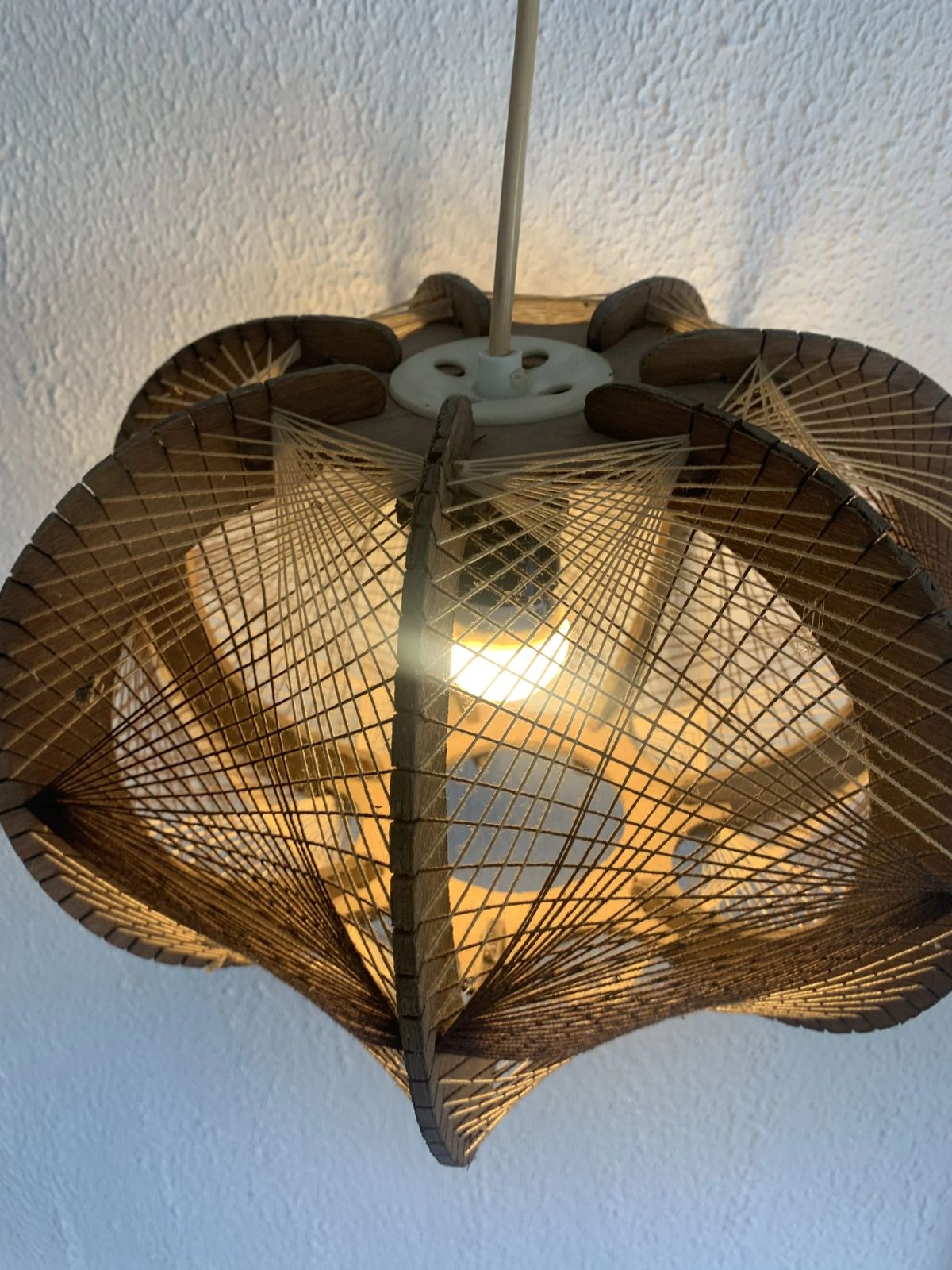 photo for sale Vintage 1960s Scandinavian Pendant Light, Wire And Wood Chandelier   30 X 21 Cm