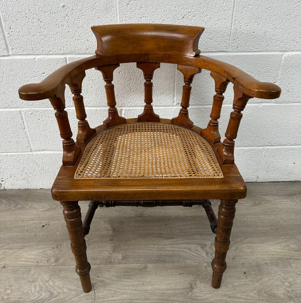 Victorian Mahogany & Oak Captain Chair Smoker’s Bow Back Seat W/ Cane Antique photo furniture