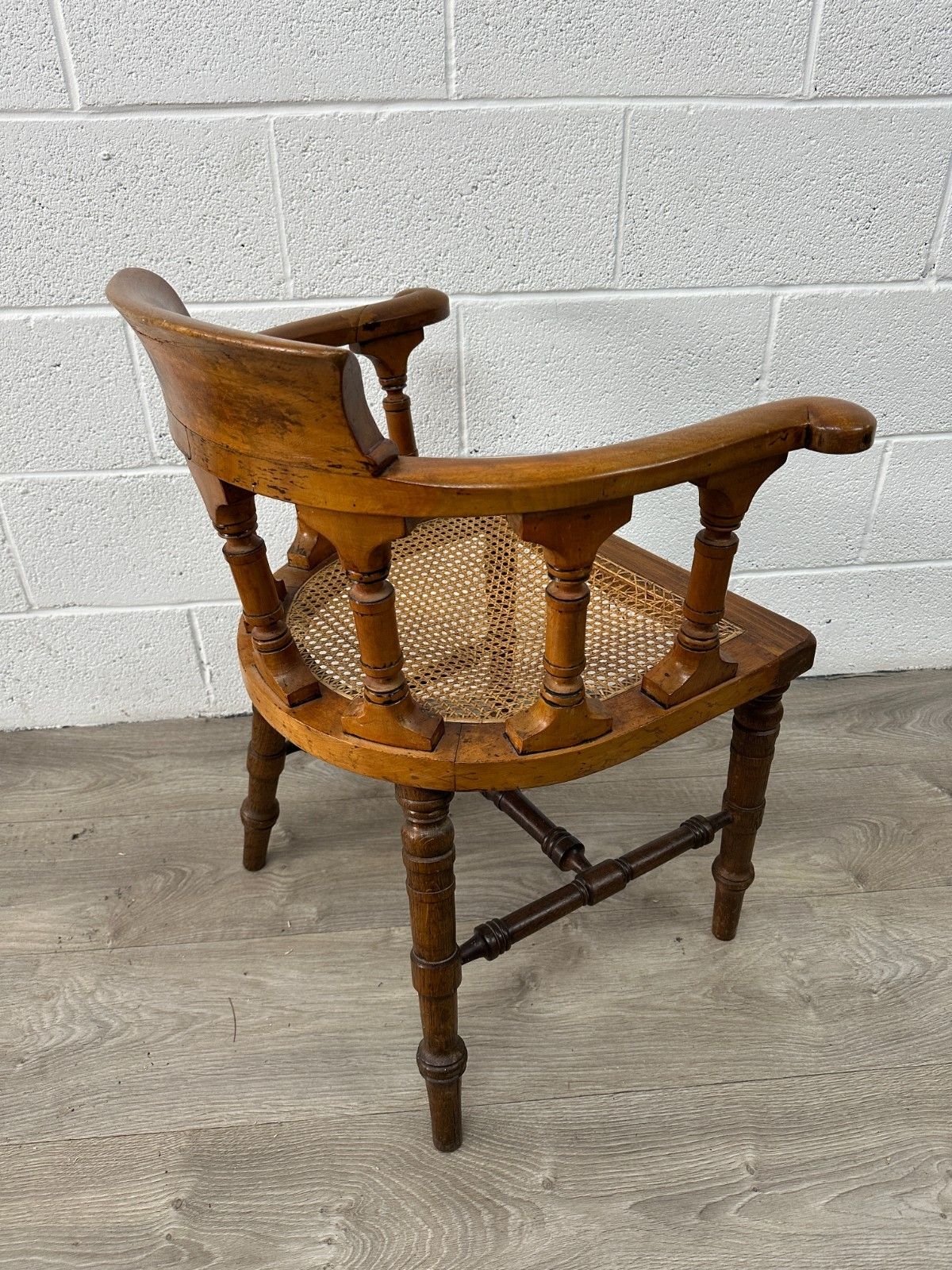 Victorian Mahogany & Oak Captain Chair Smoker’s Bow Back Seat W/ Cane Antique photo 80.0