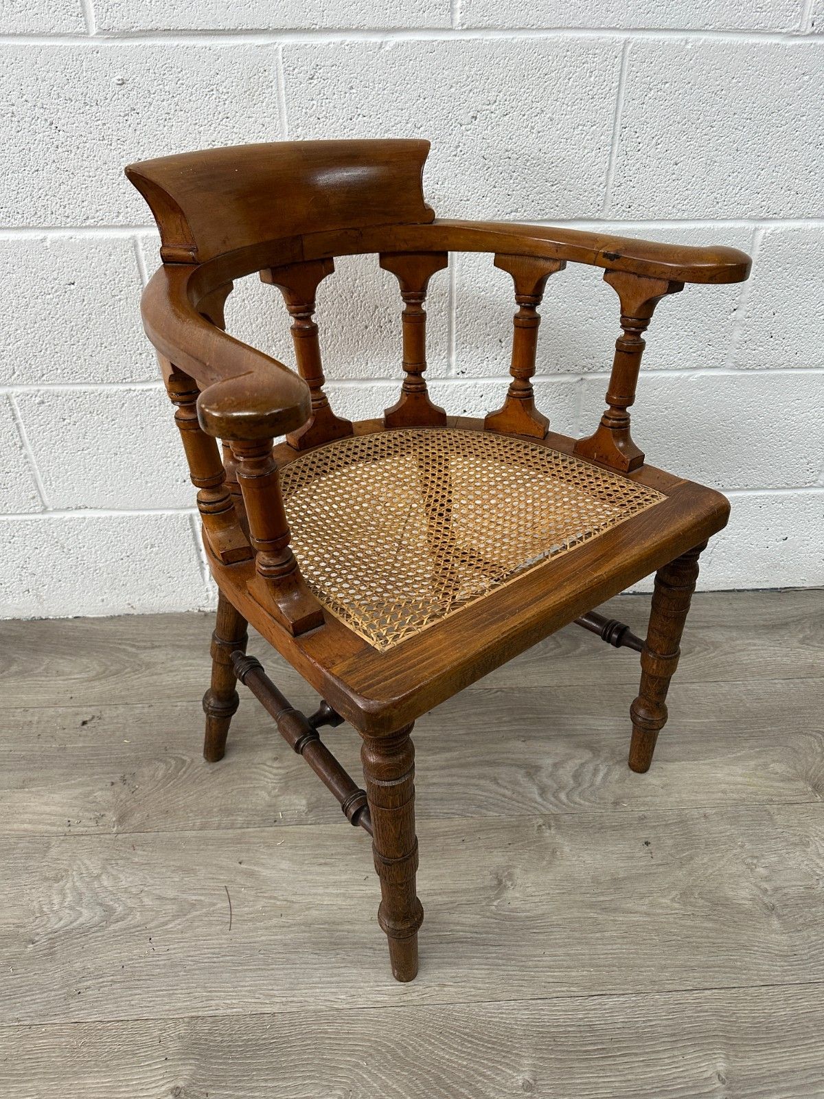 Victorian Mahogany & Oak Captain Chair Smoker’s Bow Back Seat W/ Cane Antique photo vinterior