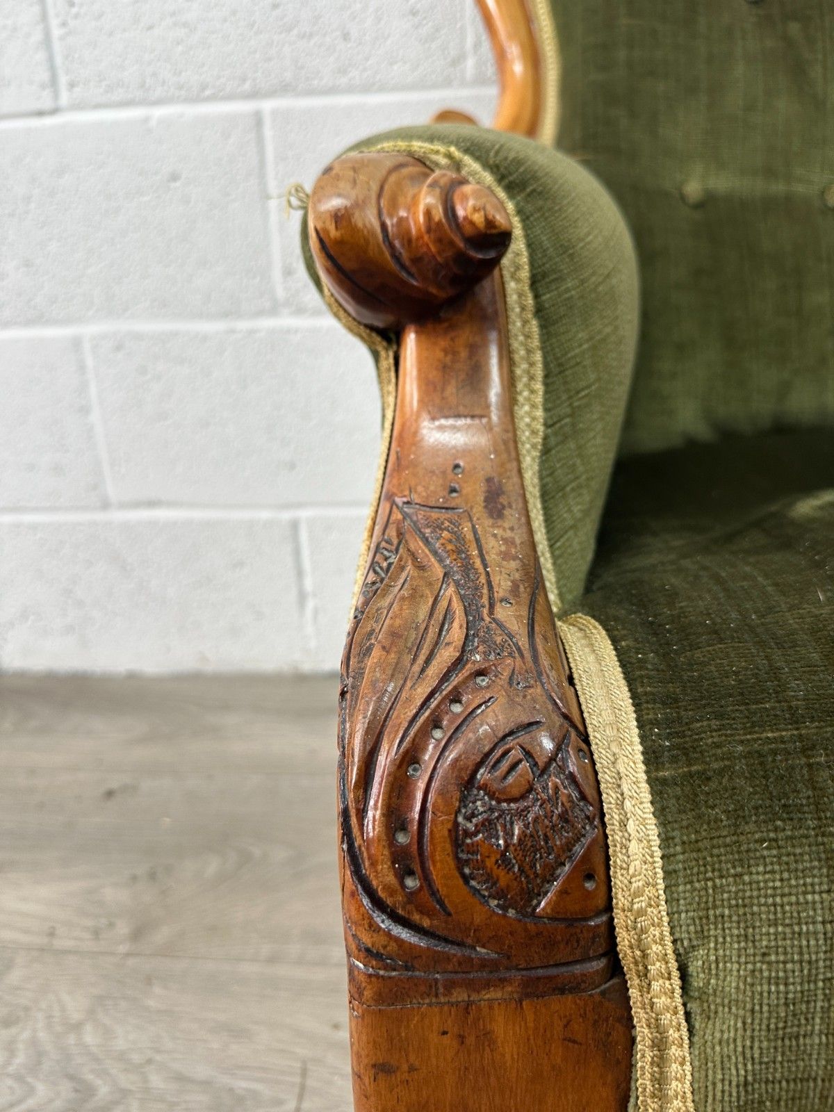 Victorian Carved Mahogany Armchair Green Upholstery Button Back Original Castors photo buy