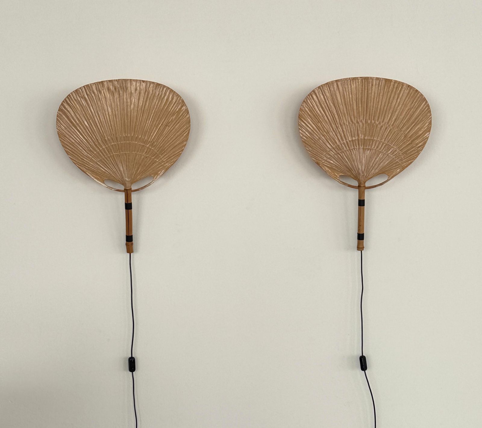 photo for sale Pair Of Large Organic Uchiwa Wall Sconces By Ingo Maurer, Germany, 1973