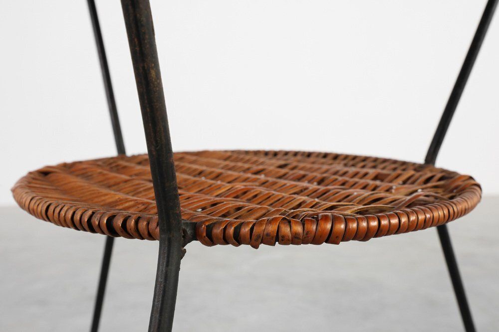 Mid Century Woven Rattan, Wicker And Iron Two Tier Round Coffee Table, Italy, 1960s photo for sale