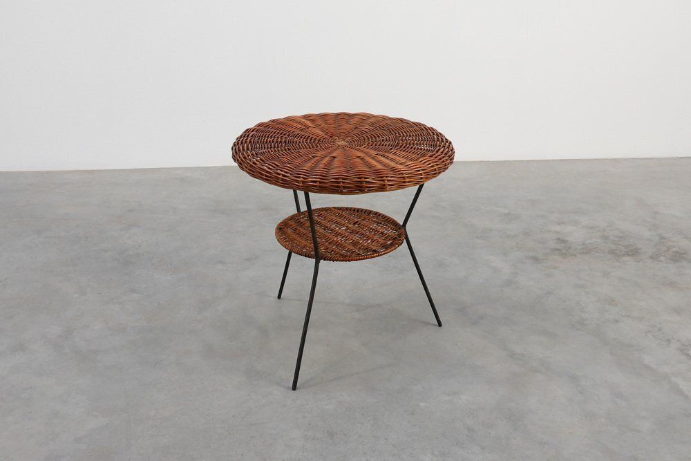 Mid Century Woven Rattan, Wicker And Iron Two Tier Round Coffee Table, Italy, 1960s photo vintage