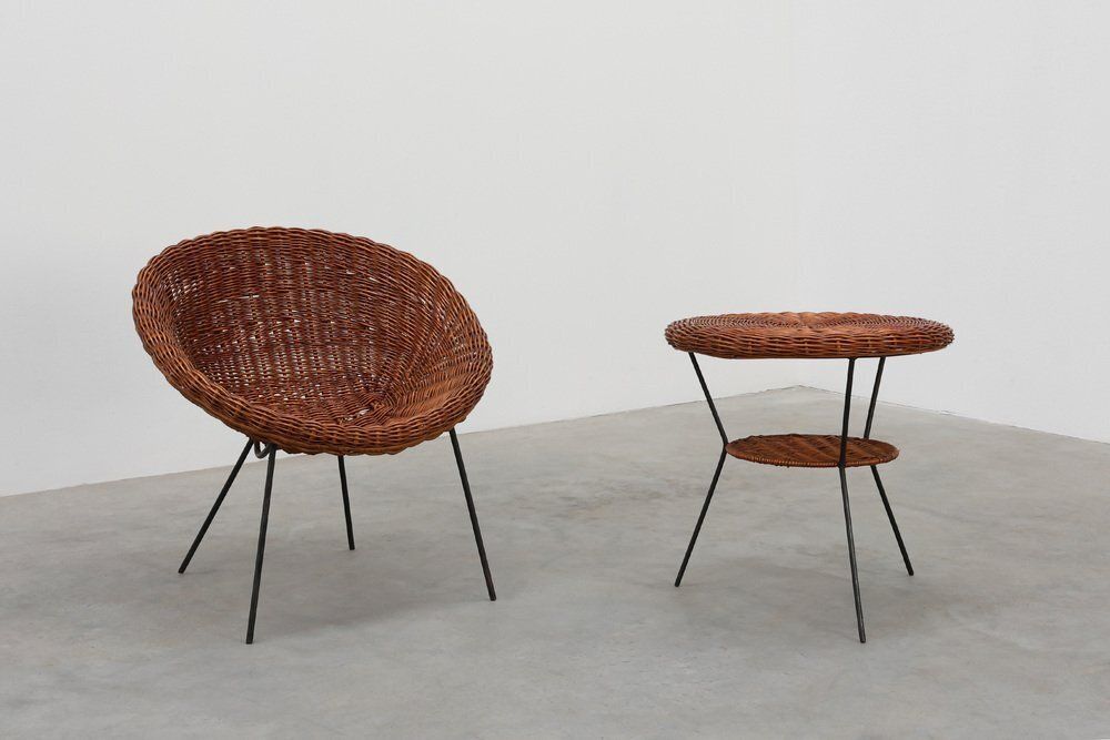 Furniture Mid Century Woven Rattan, Wicker And Iron Two Tier Round Coffee Table, Italy, 1960s photo