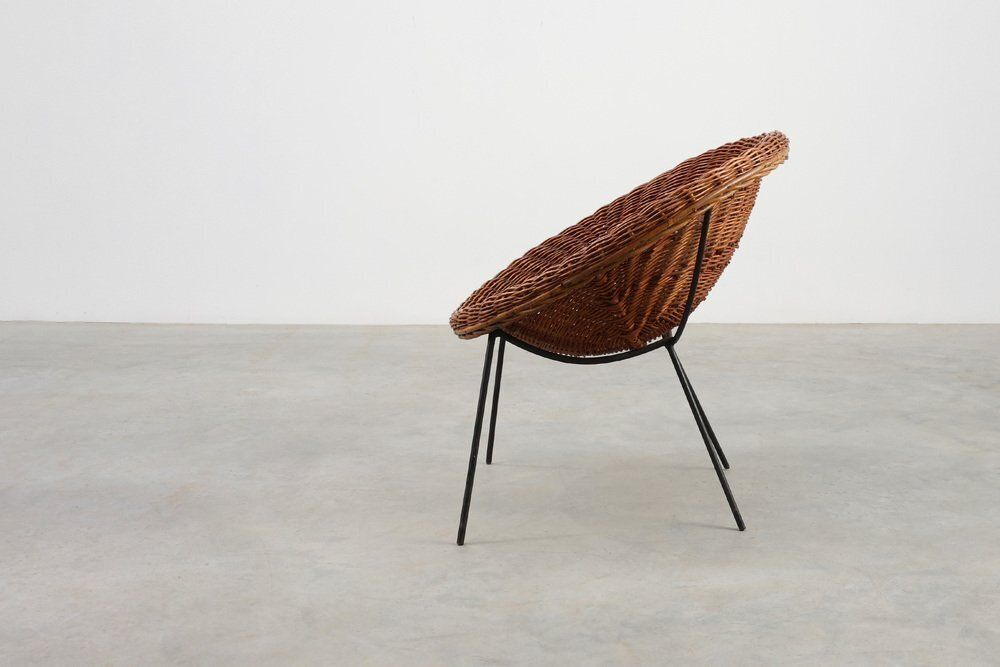 Mid Century Woven Rattanwicker And Iron Basket Chair, Italy, 1960s photo Furniture