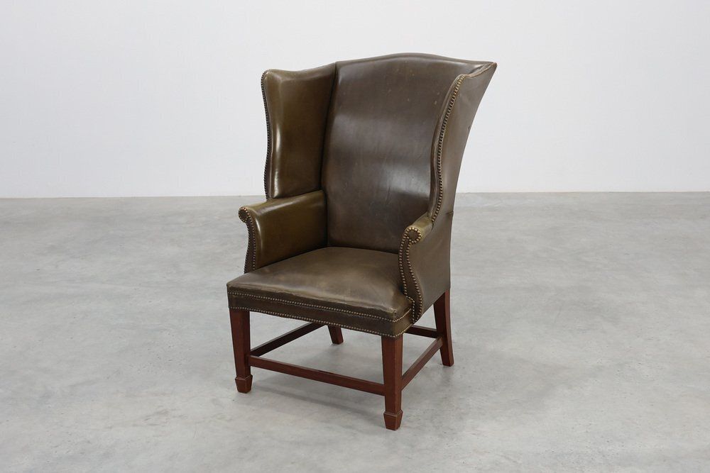 Mid Century Modern Wing Back Chair In Green Leather, 1980s photo buy