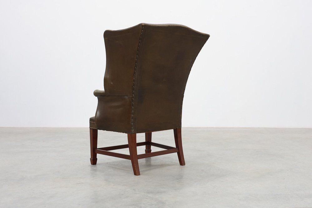 photo for sale Mid Century Modern Wing Back Chair In Green Leather, 1980s
