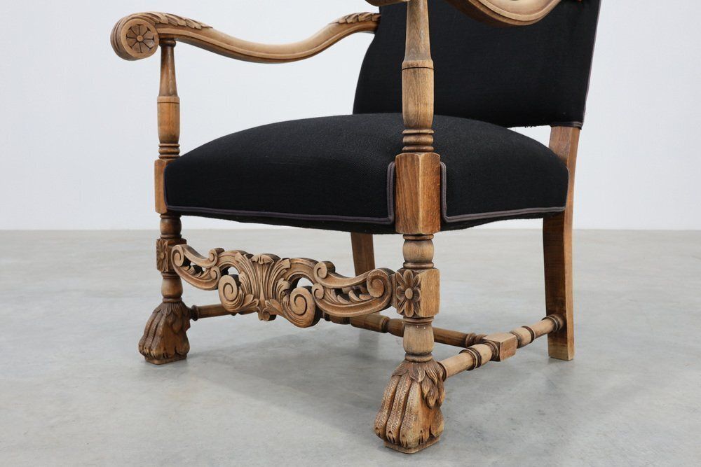 Furniture Antique Louis XIII Chair In Black Linen, France, 1800s photo