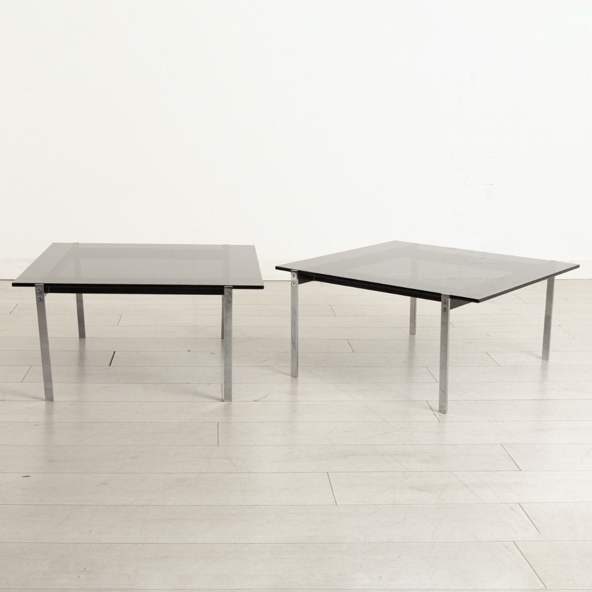 Pair Of Alpha Side Tables In Steel, Black Enamel & Black Glass Tops By Robin Day For Hille