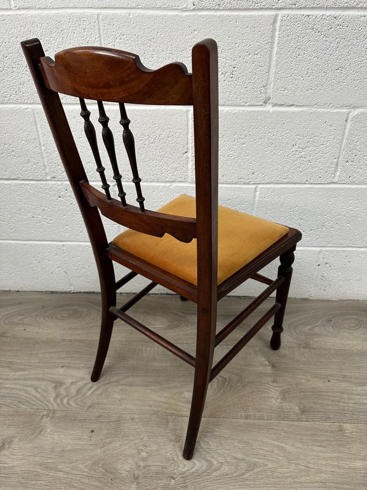 Edwardian Mahogany Bedroom Hall Chair Seat Turned Spindle Back Yellow Upholstery photo 60.0