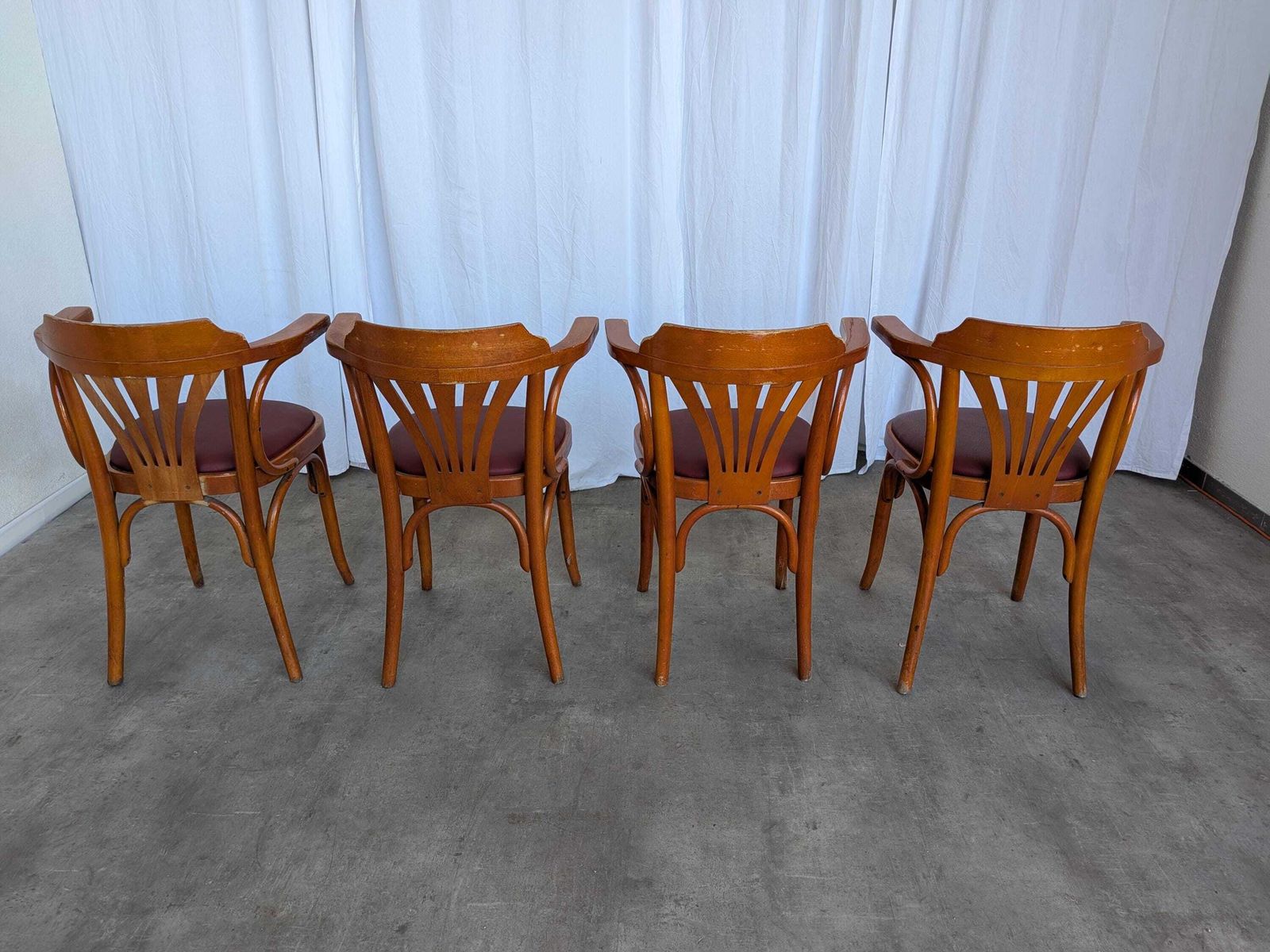 Set Of 4 Bentwood Dining Chairs / Vintage Thonet Style, Red Faux Leather photo furniture