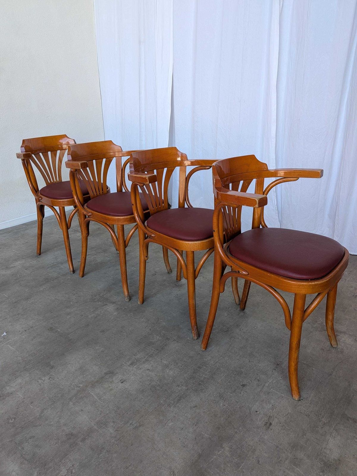 Set Of 4 Bentwood Dining Chairs / Vintage Thonet Style, Red Faux Leather photo for sale