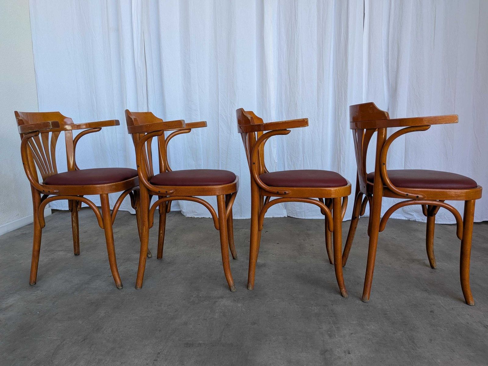 photo buy Set Of 4 Bentwood Dining Chairs / Vintage Thonet Style, Red Faux Leather