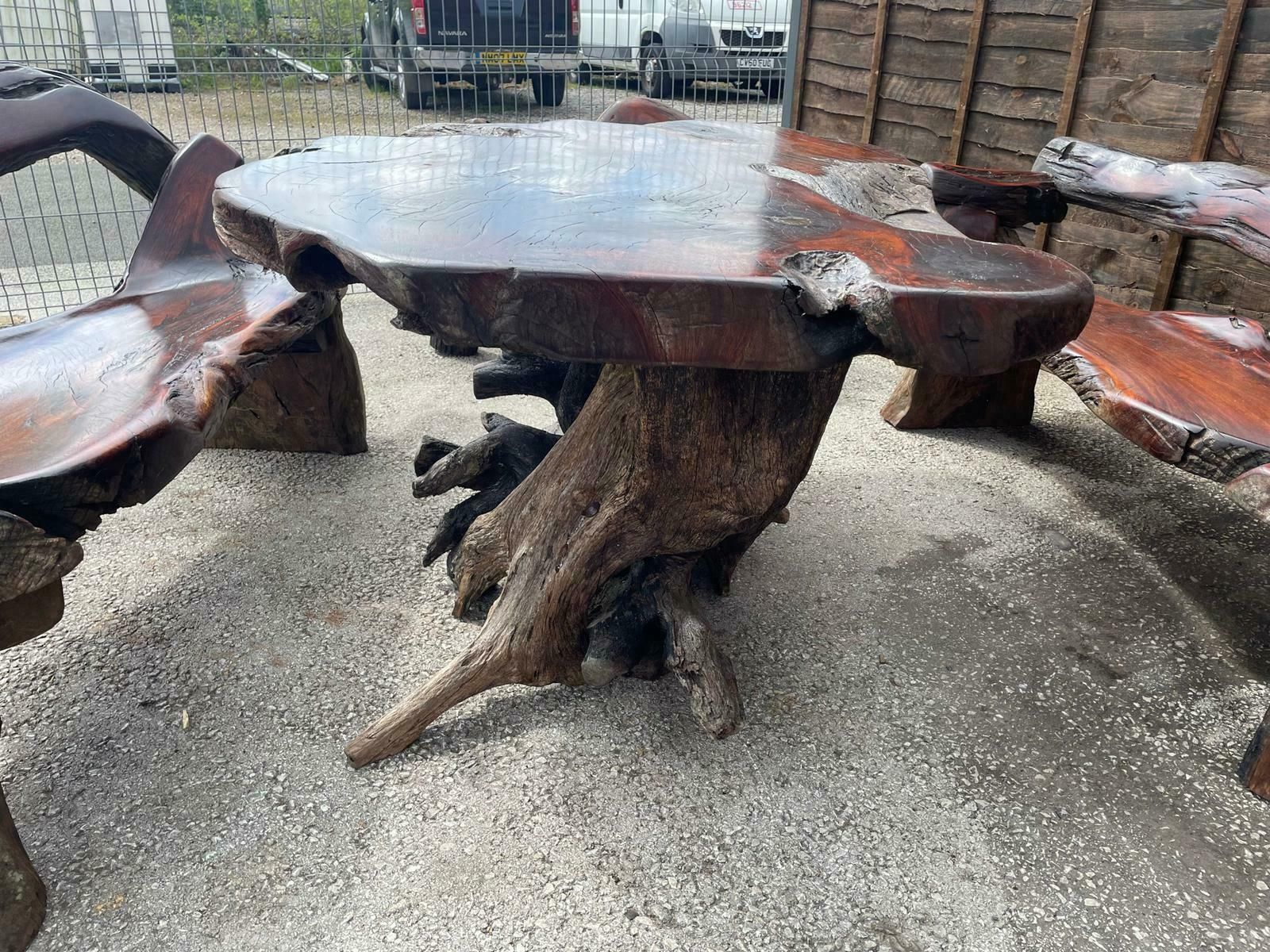 Vintage Root Wood Table And 3 Benches photo buy