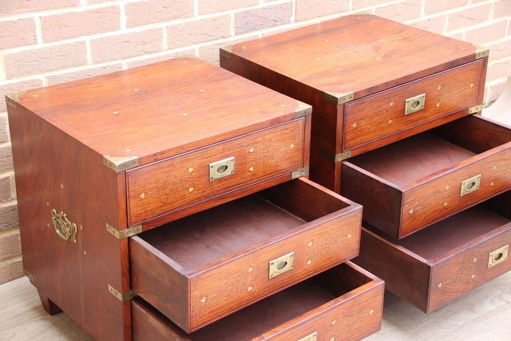photo vintage Pair Of Rosewood Military Campaign Solid Wood Bedside Tables