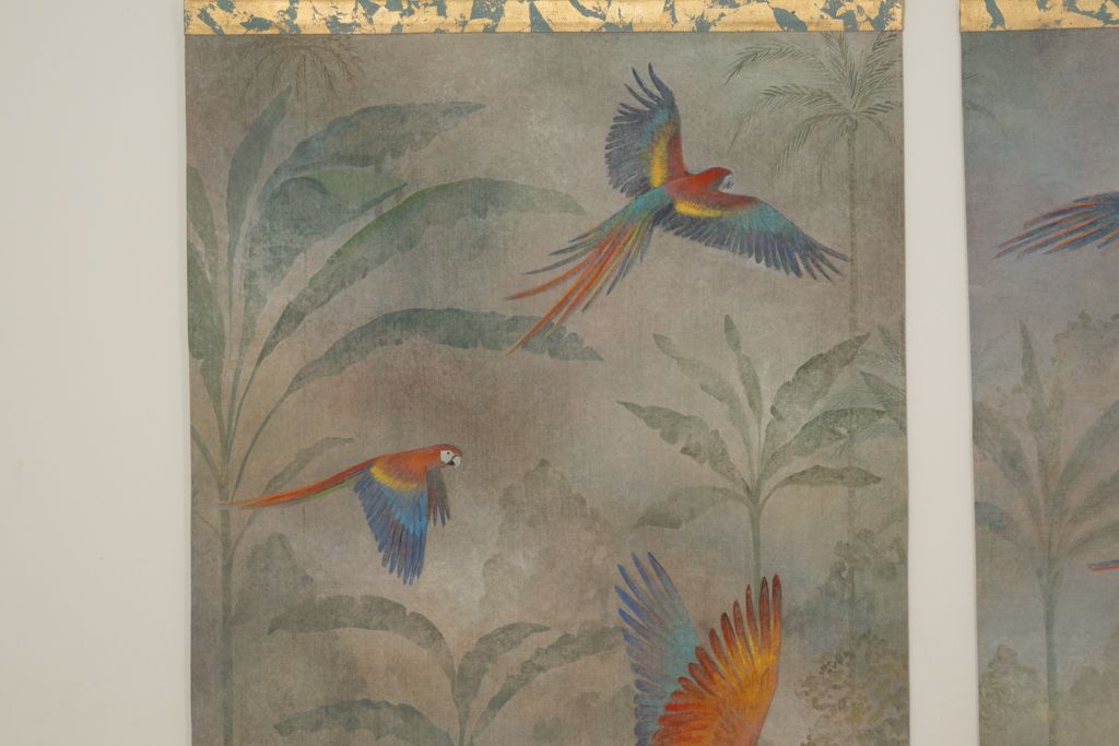 Painted Canvas Depicting Parrots In A Tropical Forest. Contemporary. photo 2500.0