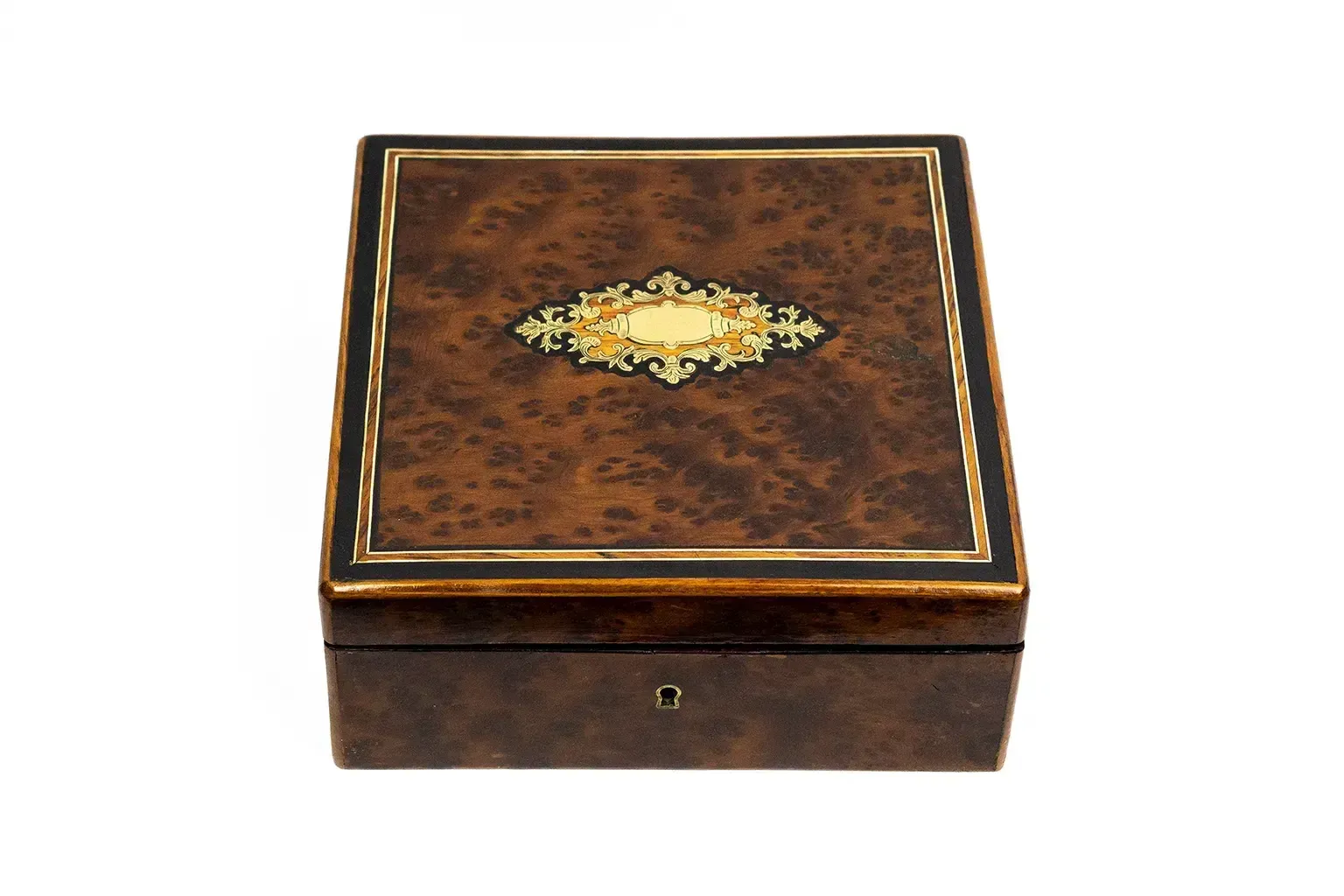 Square Box In Magnifying Glass Wood And Brass Marquetry — Napoleon III, Circa 1860–1880. photo for sale