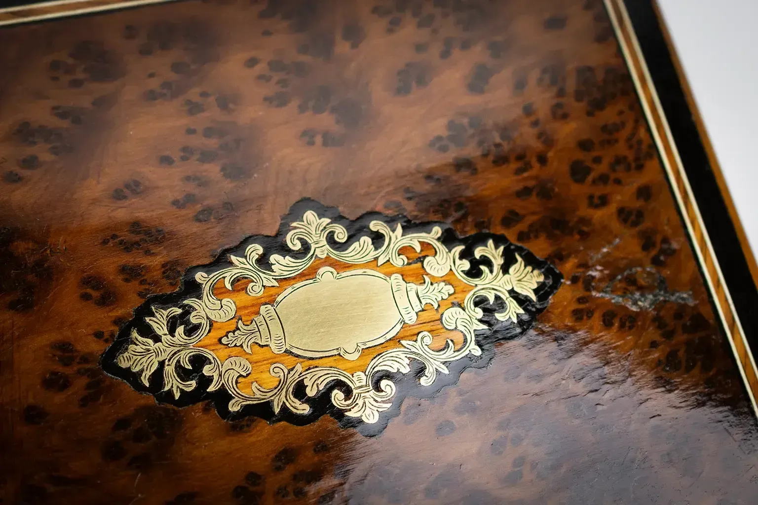 photo for sale Square Box In Magnifying Glass Wood And Brass Marquetry — Napoleon III, Circa 1860–1880.