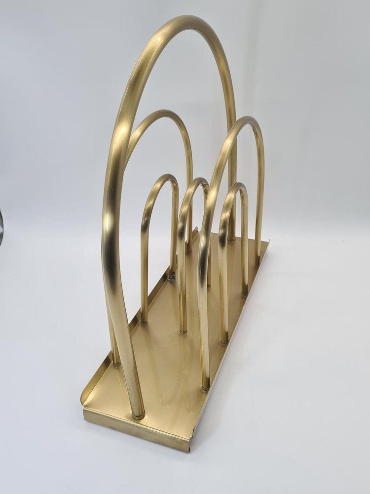 Hollywood Regency Style Newspaper Rack In Brass Plated Metal, 1970s photo Home Decor