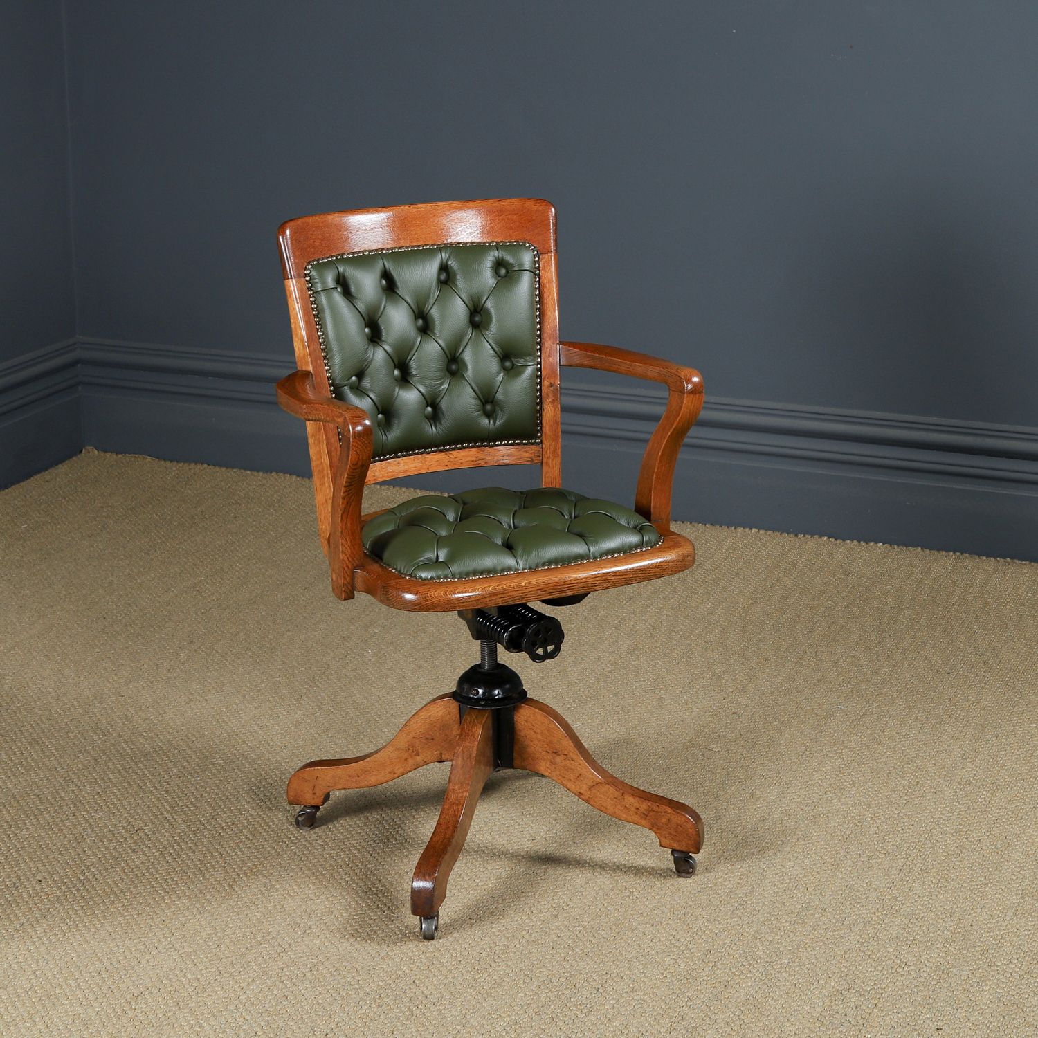 English Edwardian Oak & Green Leather Revolving Office Arm Chair Circa 1910 photo furniture