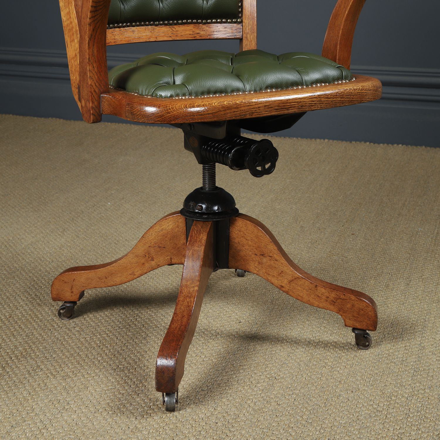 English Edwardian Oak & Green Leather Revolving Office Arm Chair Circa 1910 photo 1545.0