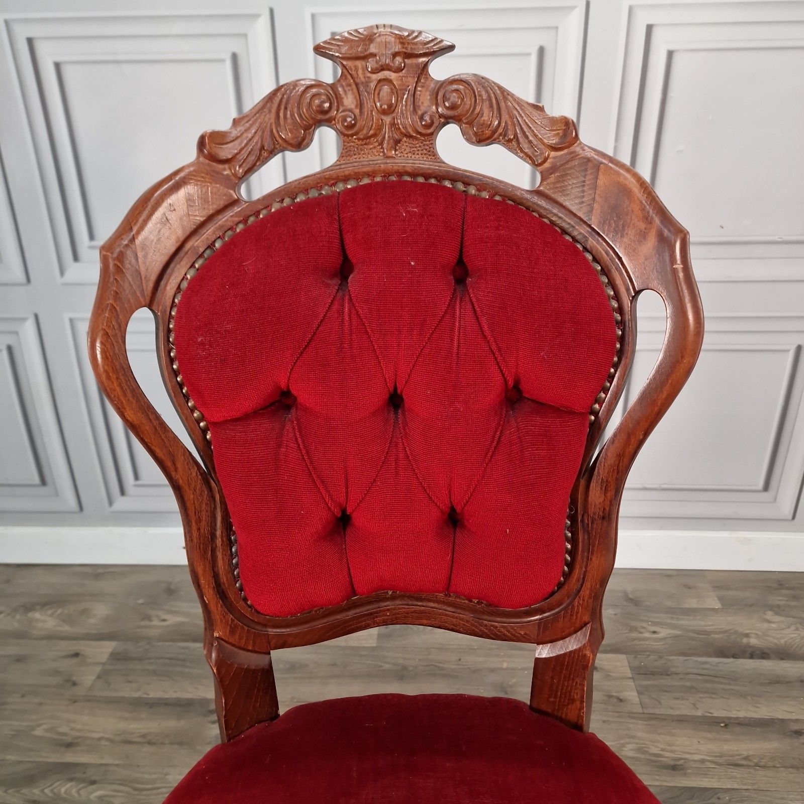 Antique Victorian Style Chair Carved Walnut Red Upholstery Bedroom Seat Louis photo 110.0