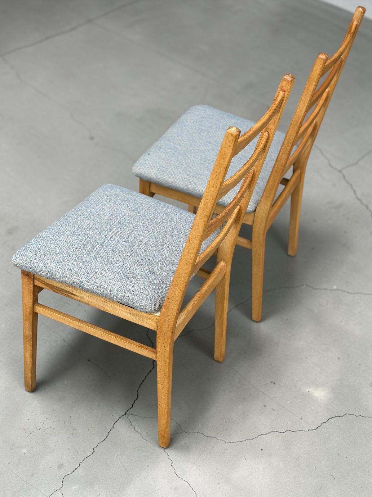 325.0 Pair Of Vintage East German Ladderback Dining Chairs Available In Blue Or Pink Linwood Upholstery photo