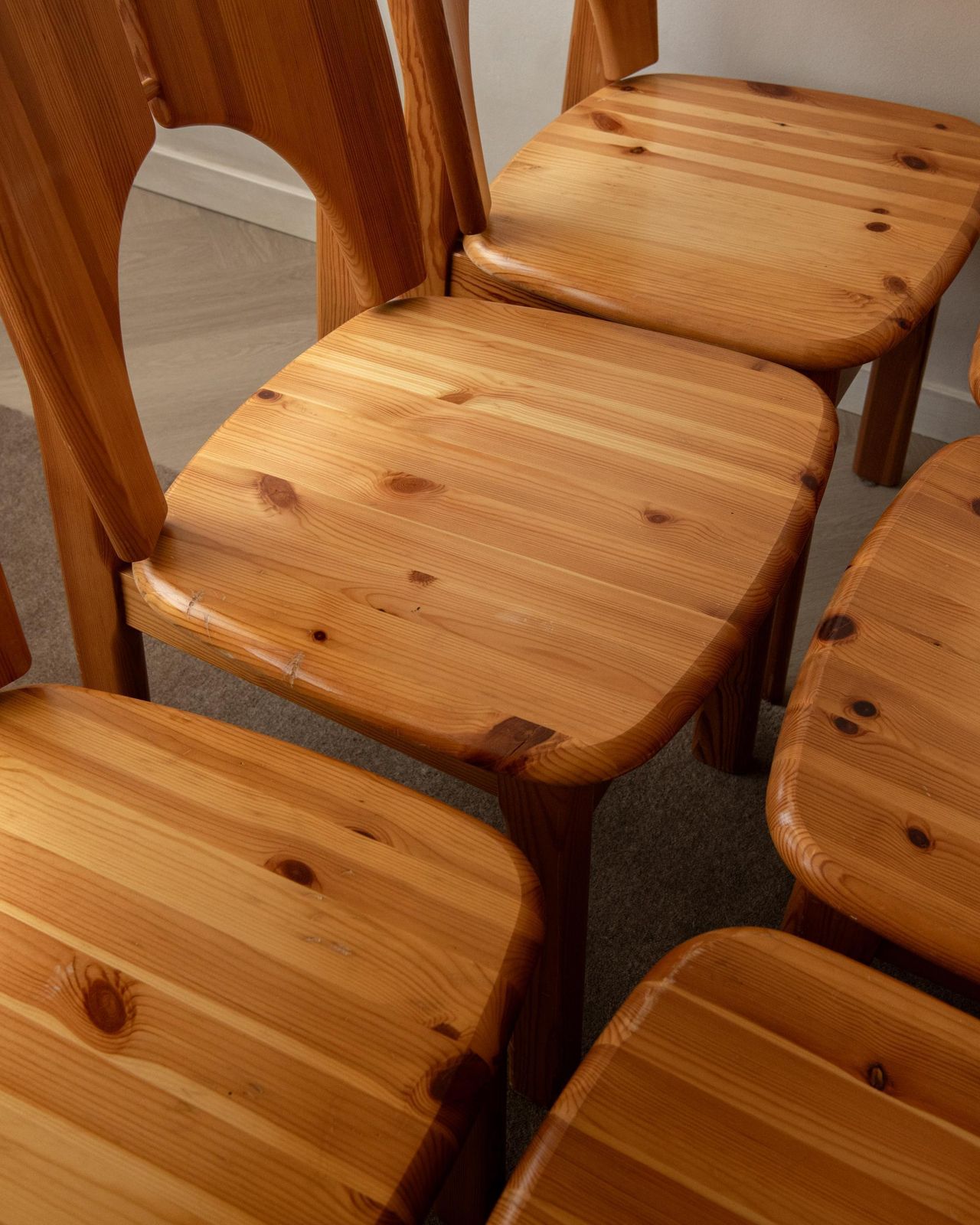 Furniture Scandinavian Brutalist Pine Dining Chairs With Sculptural Back, 1970s, Set Of 6 photo
