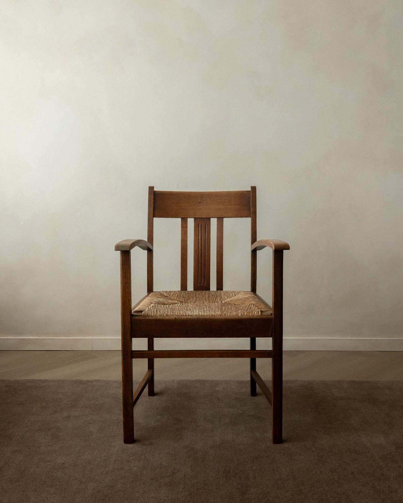 Dutch Art Deco Oak And Rush Armchair Amsterdam School, Netherlands, 1920s photo furniture