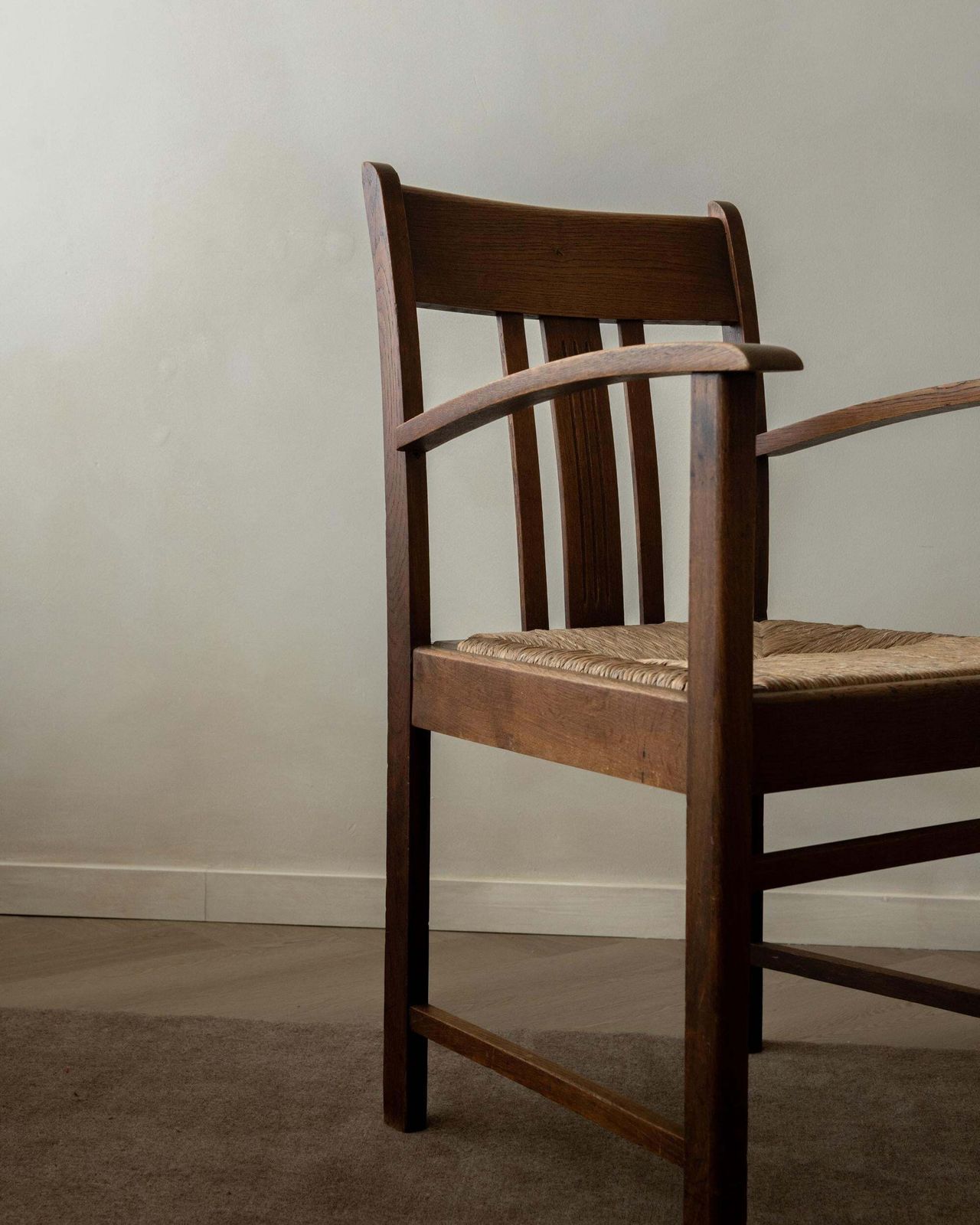 photo for sale Dutch Art Deco Oak And Rush Armchair Amsterdam School, Netherlands, 1920s
