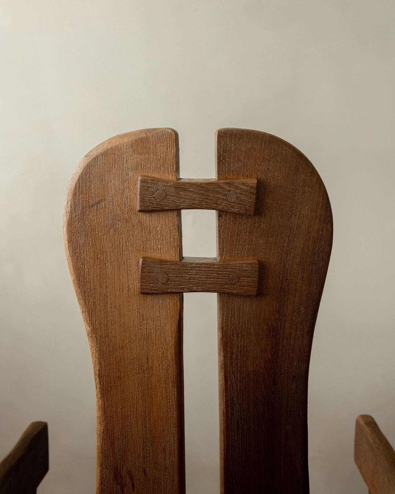 photo furniture Brutalist Oak Armchair With Sculptural High Back By De Puydt, Beglium, 1960s