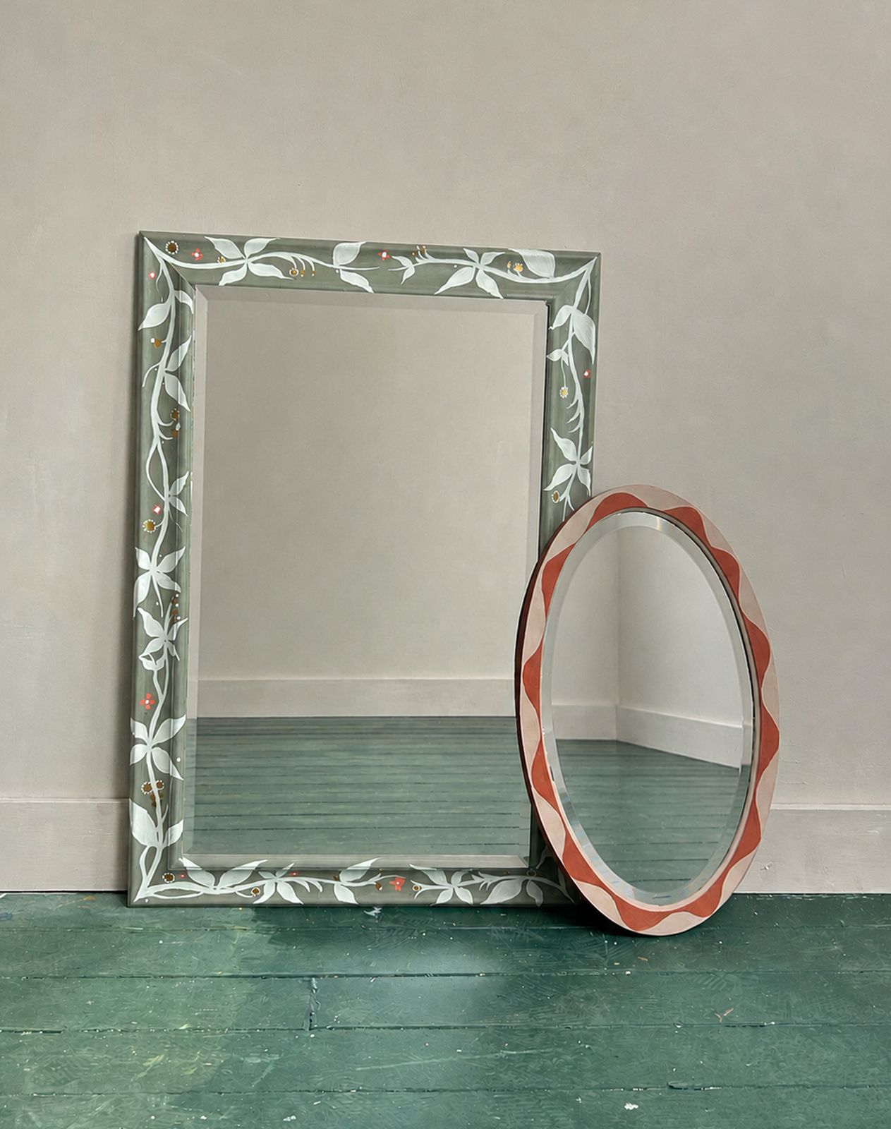 Hand Painted Botanical Mirror In French Linen Grey & Rococo White photo for sale