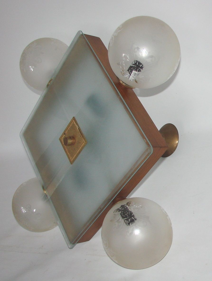 Mid Century Vintage Chandelier, 1950s, Brass, Wood And Frosted Glass, 4x E14 photo vinterior