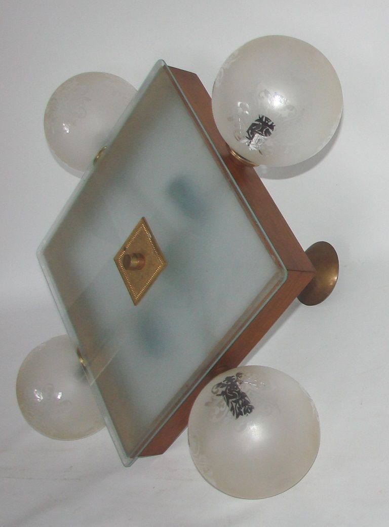 Mid Century Vintage Chandelier, 1950s, Brass, Wood And Frosted Glass, 4x E14 photo buy