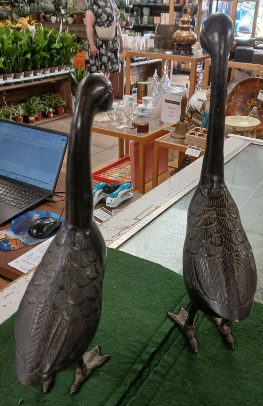 A Pair Of  Antique Japanese Hollow Cast Bronze Gees Sculptures photo furniture