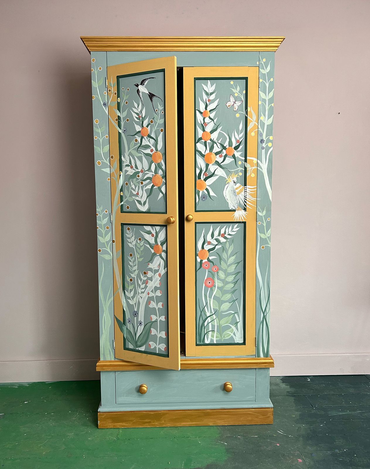 Hand Painted Chinoiserie Wardrobe With Parakeet & Botanical Design photo for sale
