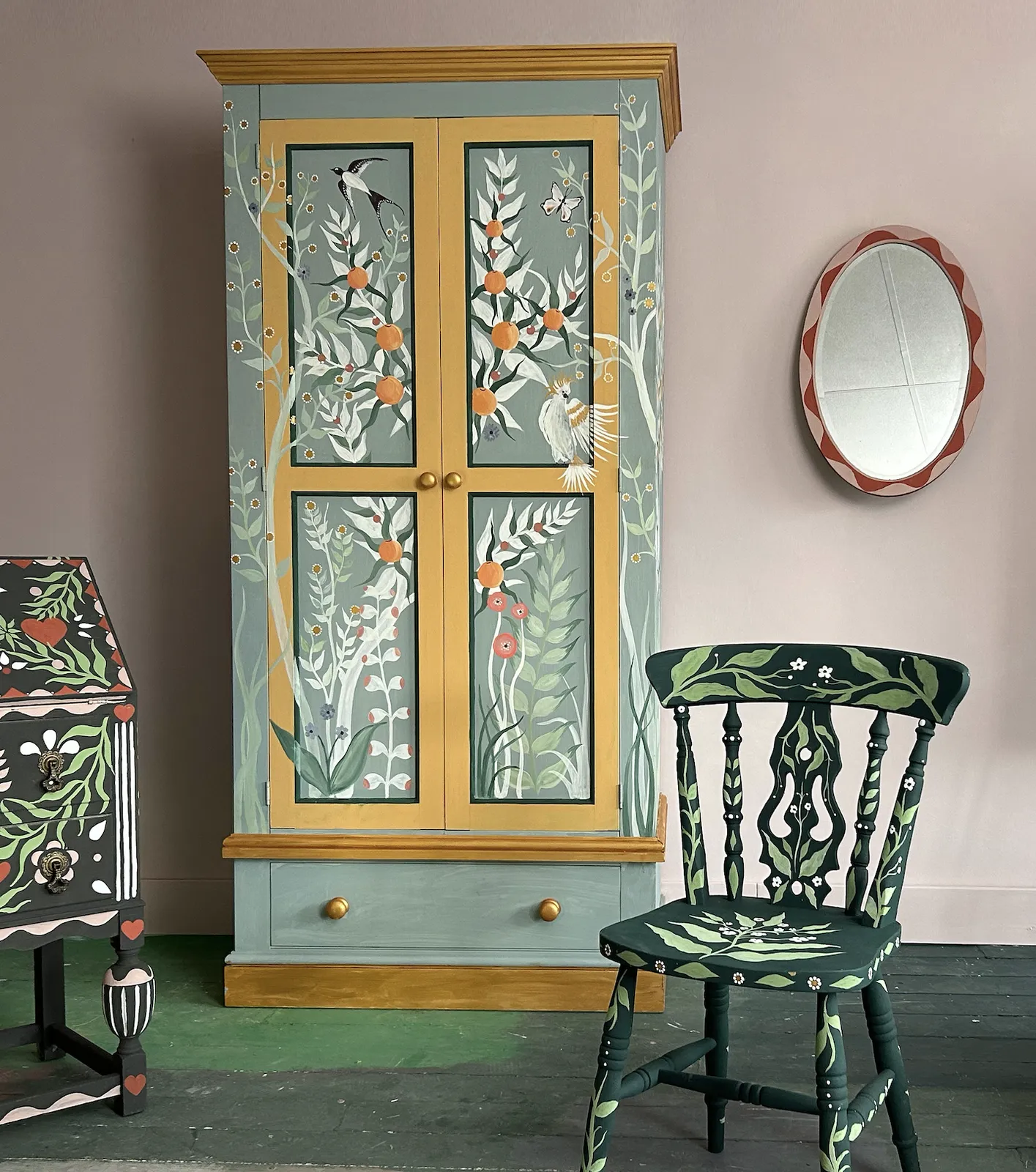 Hand Painted Chinoiserie Wardrobe With Parakeet & Botanical Design photo buy