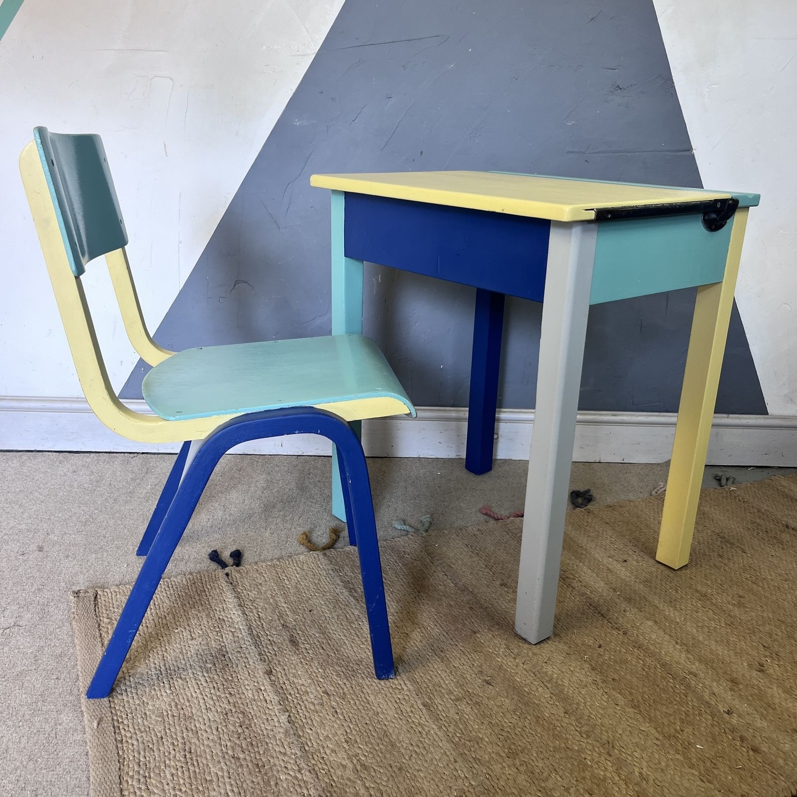 Mid Century Colourful Kids School Desk And Chair photo furniture