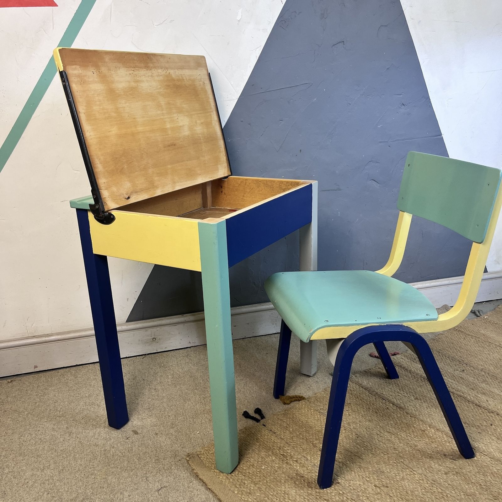 Mid Century Colourful Kids School Desk And Chair photo for sale