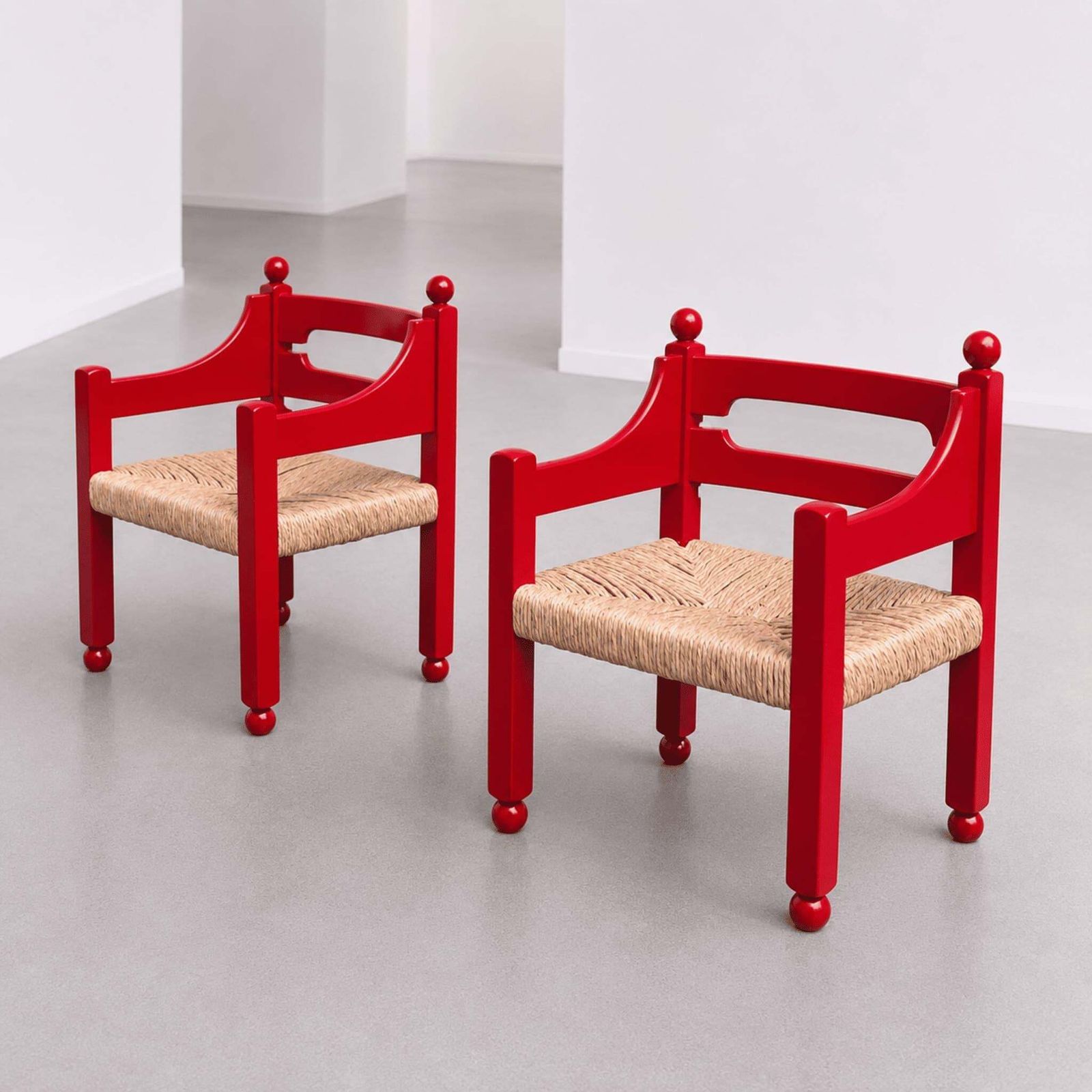 Italian Mid Century Armchairs Red Wood Woven Straw By Luigi Caccia Dominioni photo Furniture